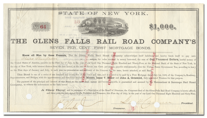 Glens Falls Rail Road Company Bond Certificate