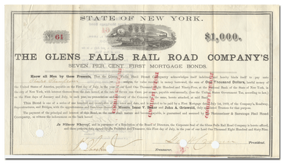 Glens Falls Rail Road Company Bond Certificate