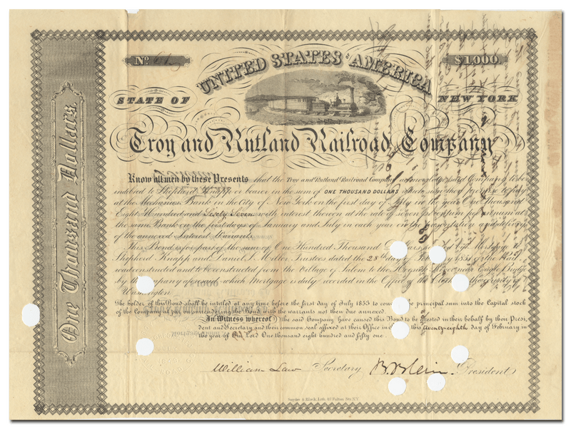 Troy and Rutland Railroad Company Bond Certificate