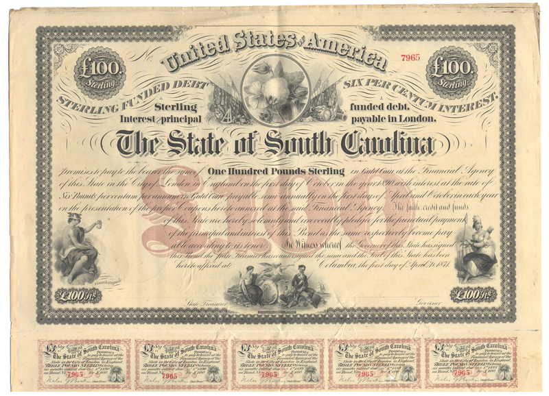 State of South Carolina Bond Certificate
