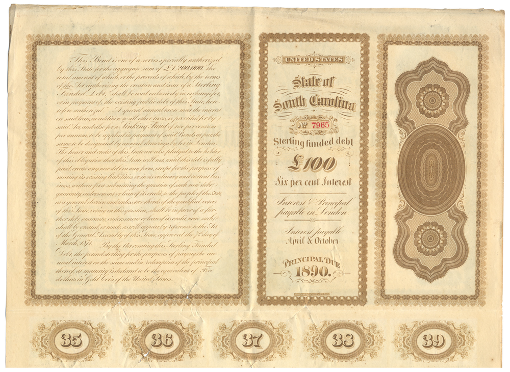 State of South Carolina Bond Certificate