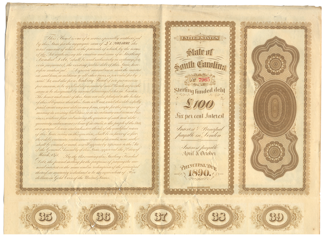 State of South Carolina Bond Certificate