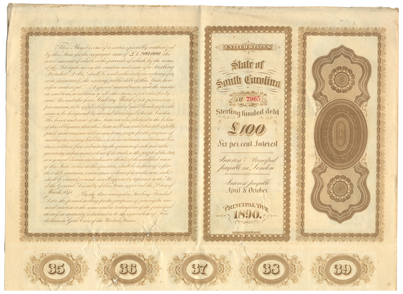State of South Carolina Bond Certificate