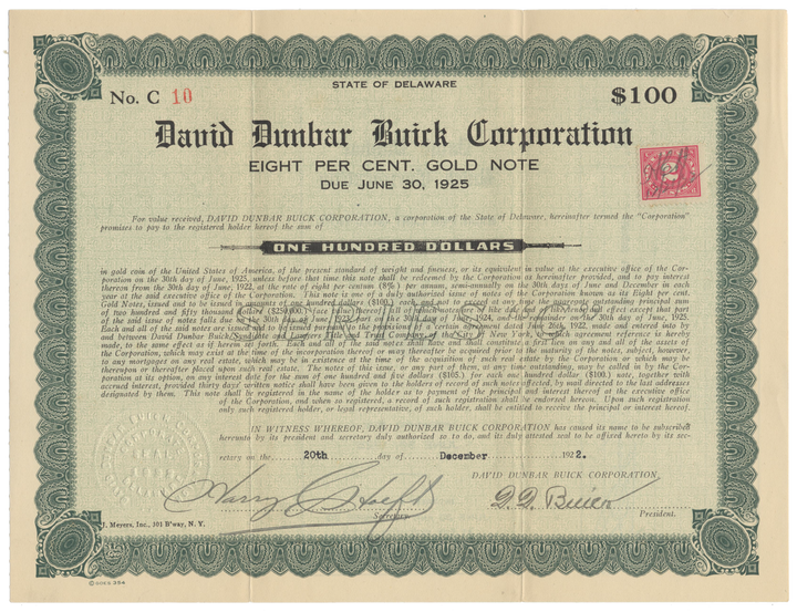 David Dunbar Buick Corporation Stock Certificate Signed by David Buick