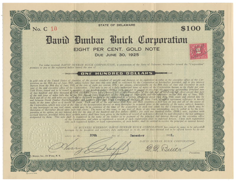 David Dunbar Buick Corporation Stock Certificate Signed by David Buick
