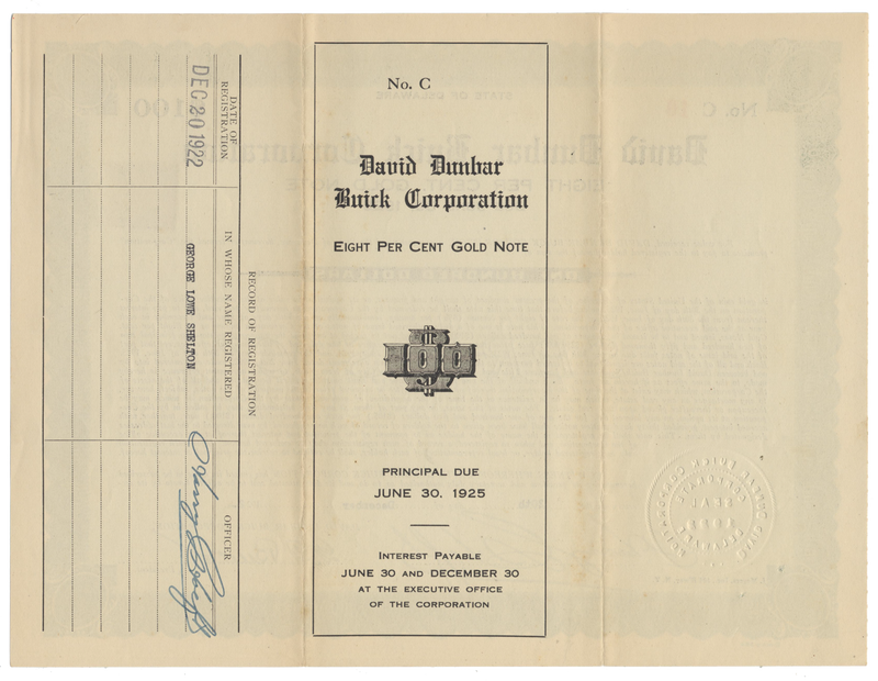 David Dunbar Buick Corporation Stock Certificate Signed by David Buick