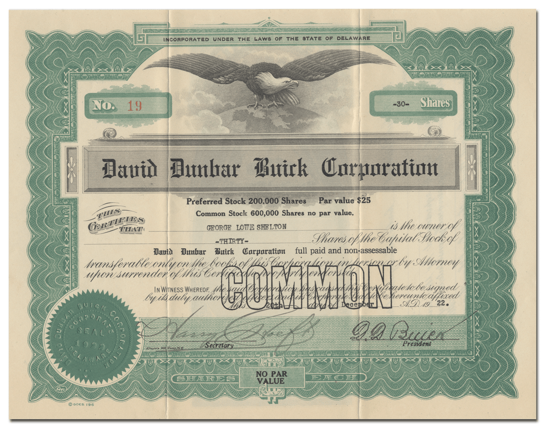 David Dunbar Buick Corporation Stock Certificate Signed by David Buick