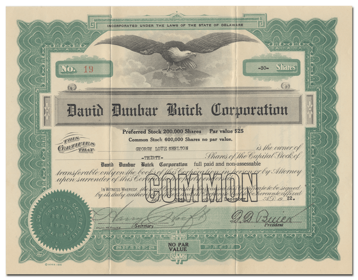 David Dunbar Buick Corporation Stock Certificate Signed by David Buick