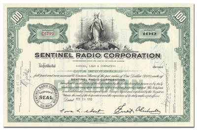 Sentinel Radio Corporation Stock Certificate