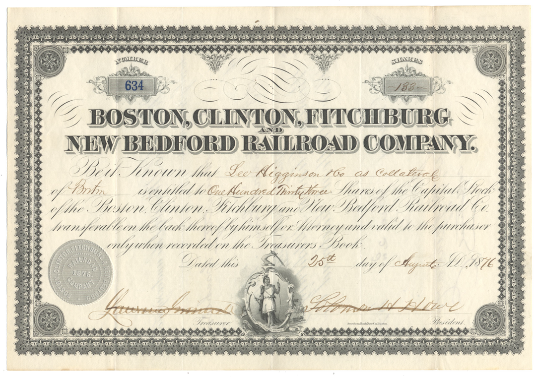 Boston, Clinton, Fitchburg and New Bedford Railroad Company Stock Certificate