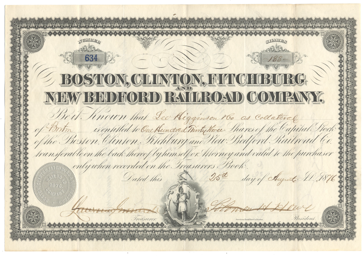 Boston, Clinton, Fitchburg and New Bedford Railroad Company Stock Certificate