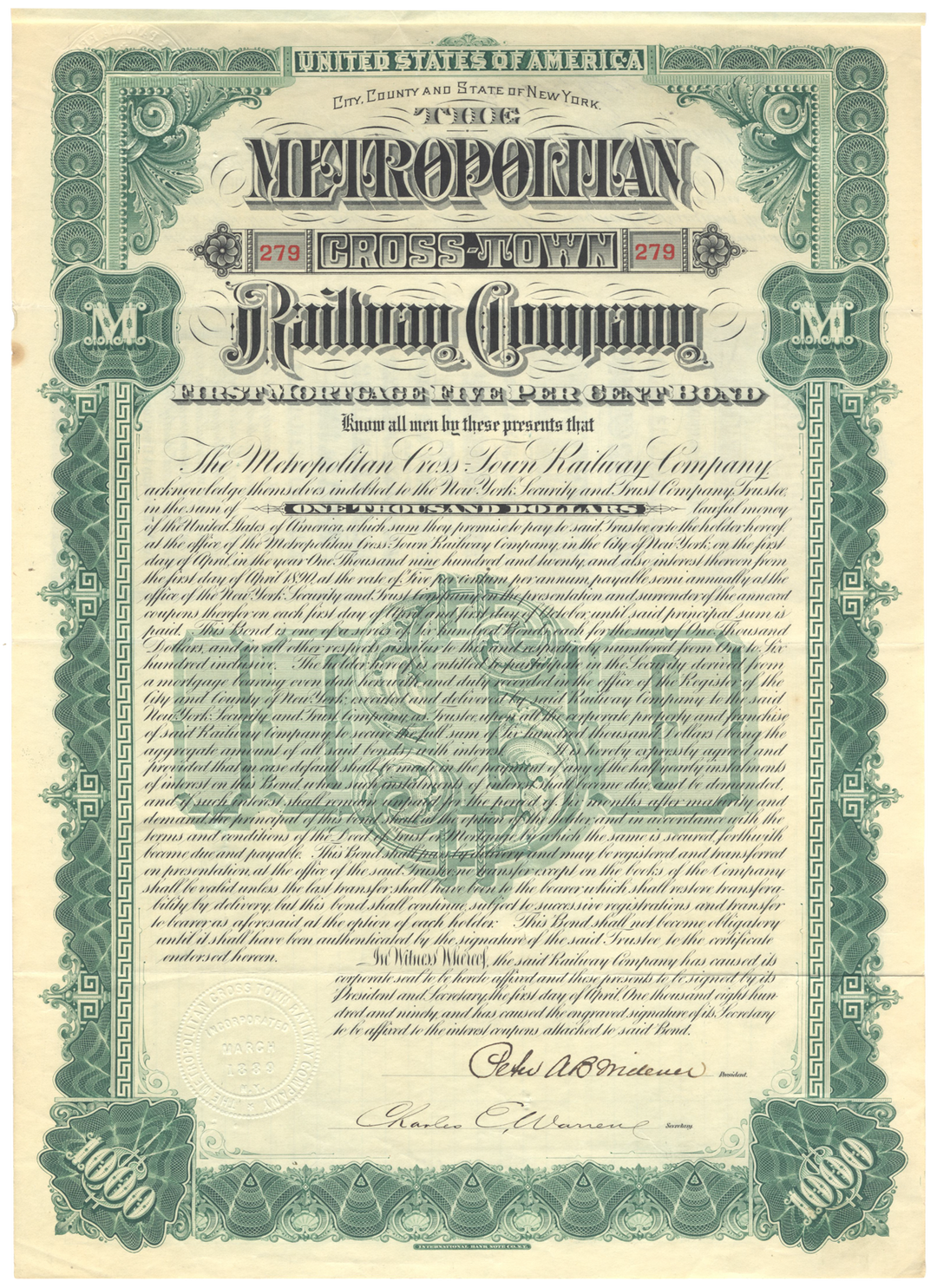 Metropolitan Cross-Town Railway Company Bond Certificate Signed by Peter AB Widener