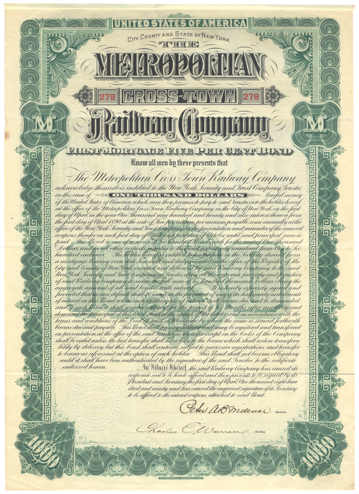 Metropolitan Cross-Town Railway Company Bond Certificate Signed by Peter AB Widener