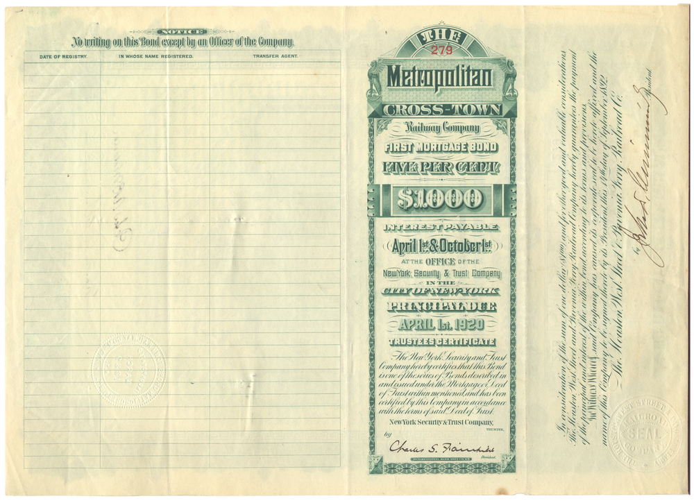 Metropolitan Cross-Town Railway Company Bond Certificate Signed by Peter AB Widener