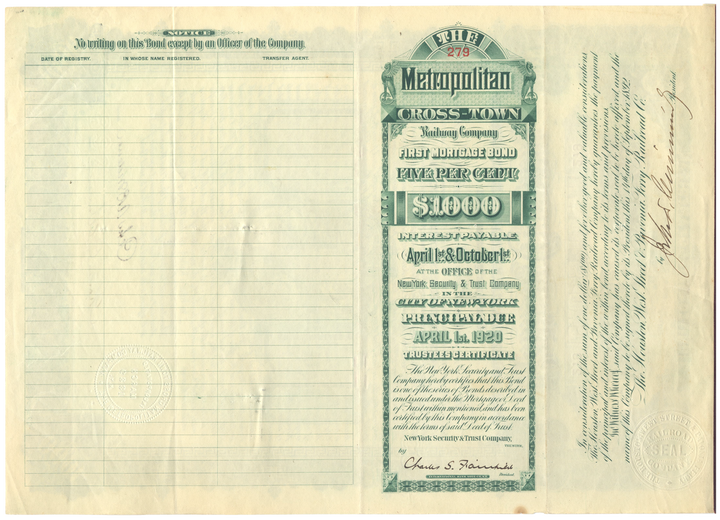 Metropolitan Cross-Town Railway Company Bond Certificate Signed by Peter AB Widener