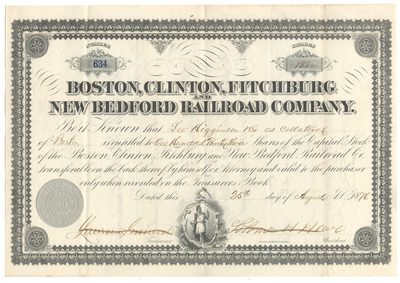 Boston, Clinton, Fitchburg and New Bedford Railroad Company Stock Certificate