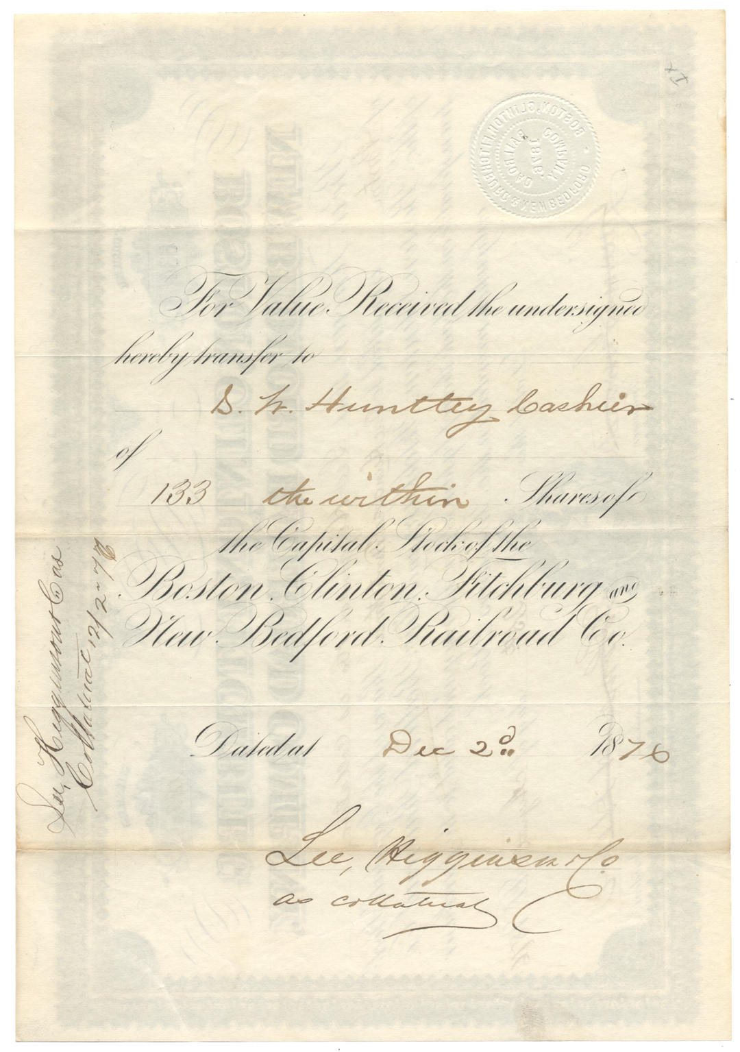 Boston, Clinton, Fitchburg and New Bedford Railroad Company Stock Certificate