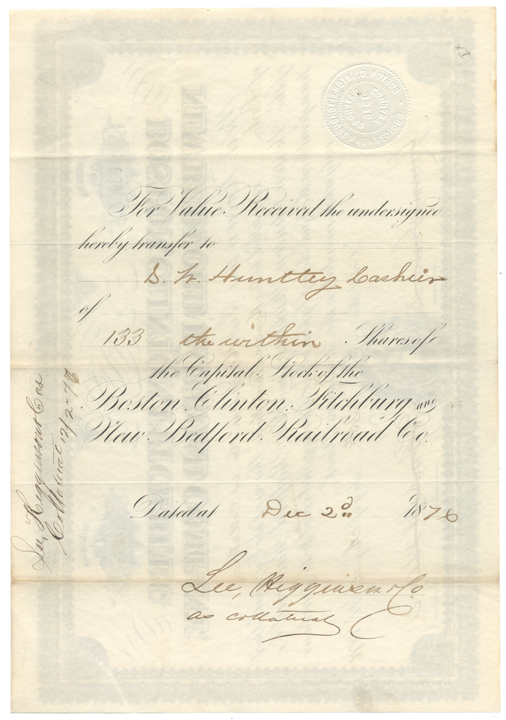 Boston, Clinton, Fitchburg and New Bedford Railroad Company Stock Certificate