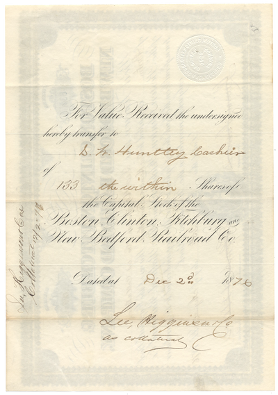 Boston, Clinton, Fitchburg and New Bedford Railroad Company Stock Certificate