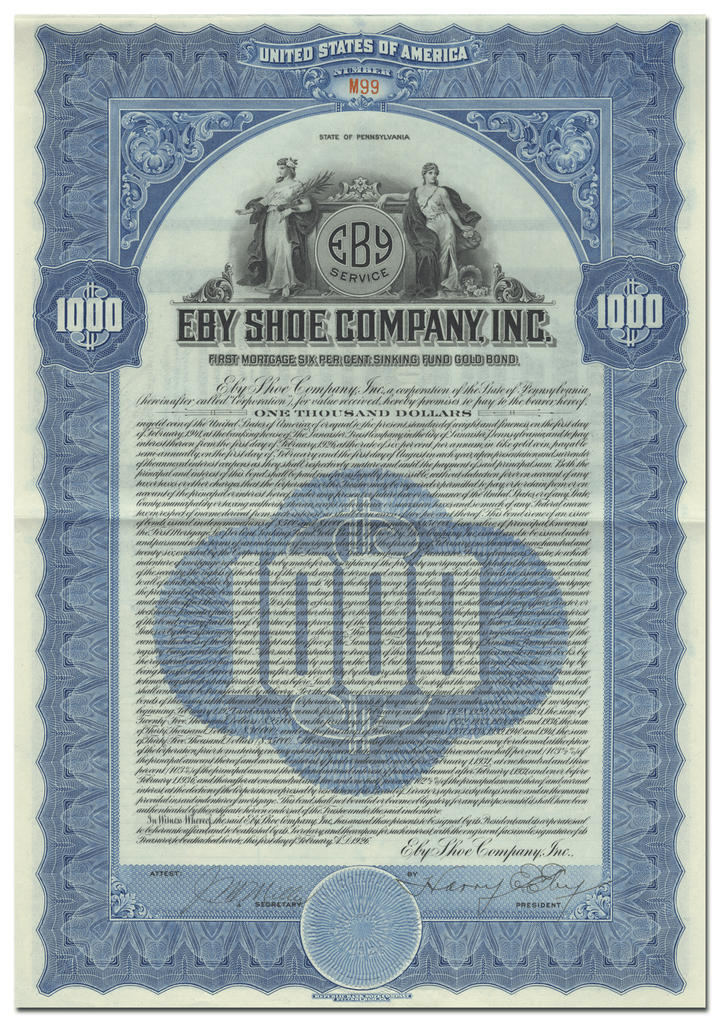 Eby Shoe Company, Inc. Bond Certificate