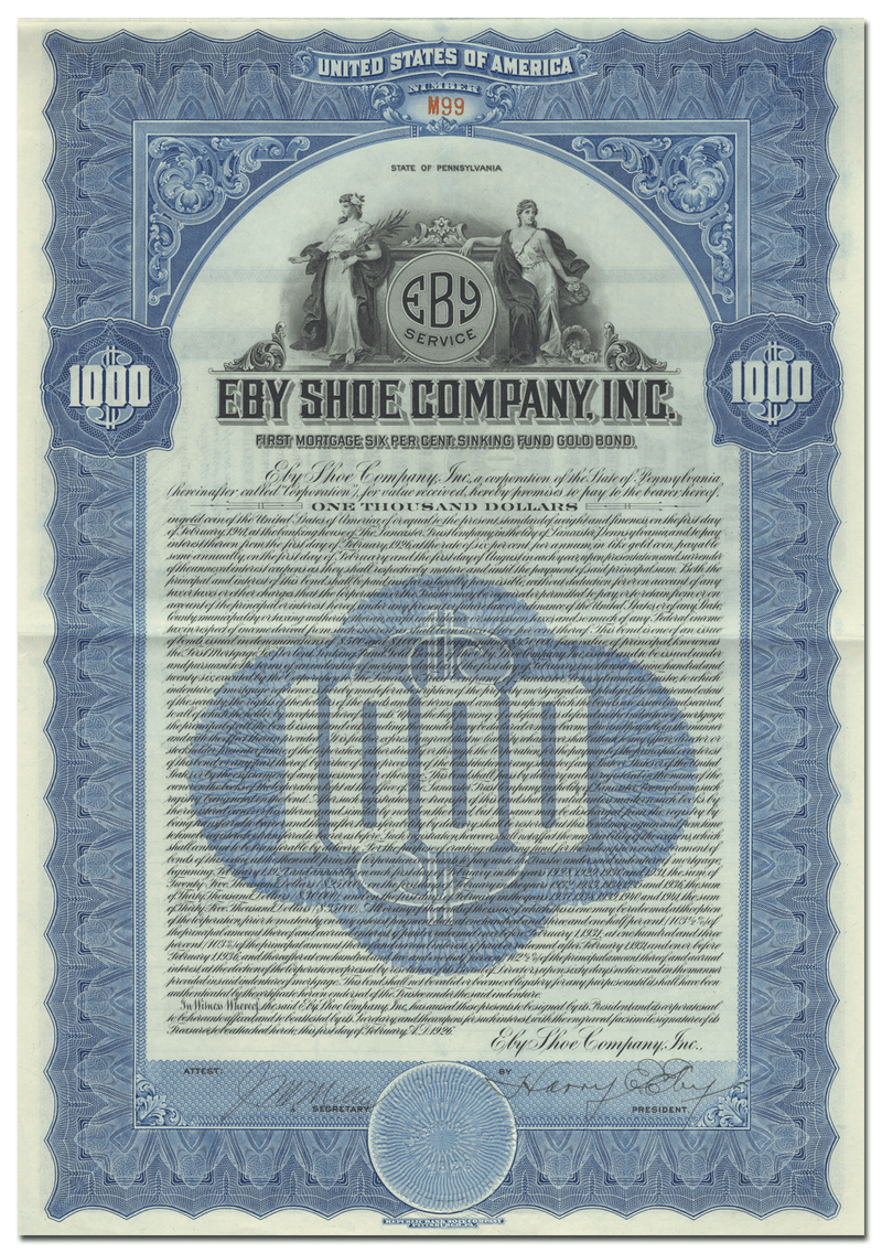 Eby Shoe Company, Inc. Bond Certificate