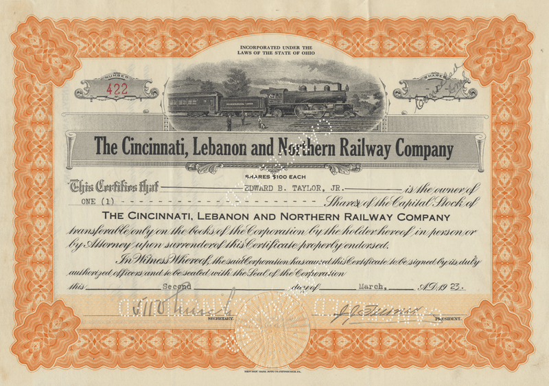 Cincinnati, Lebanon and Northern Railway Company Stock Certificate