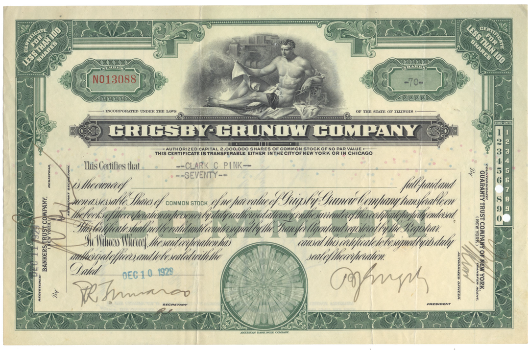 Grigsby-Grunow Company Stock Certificate