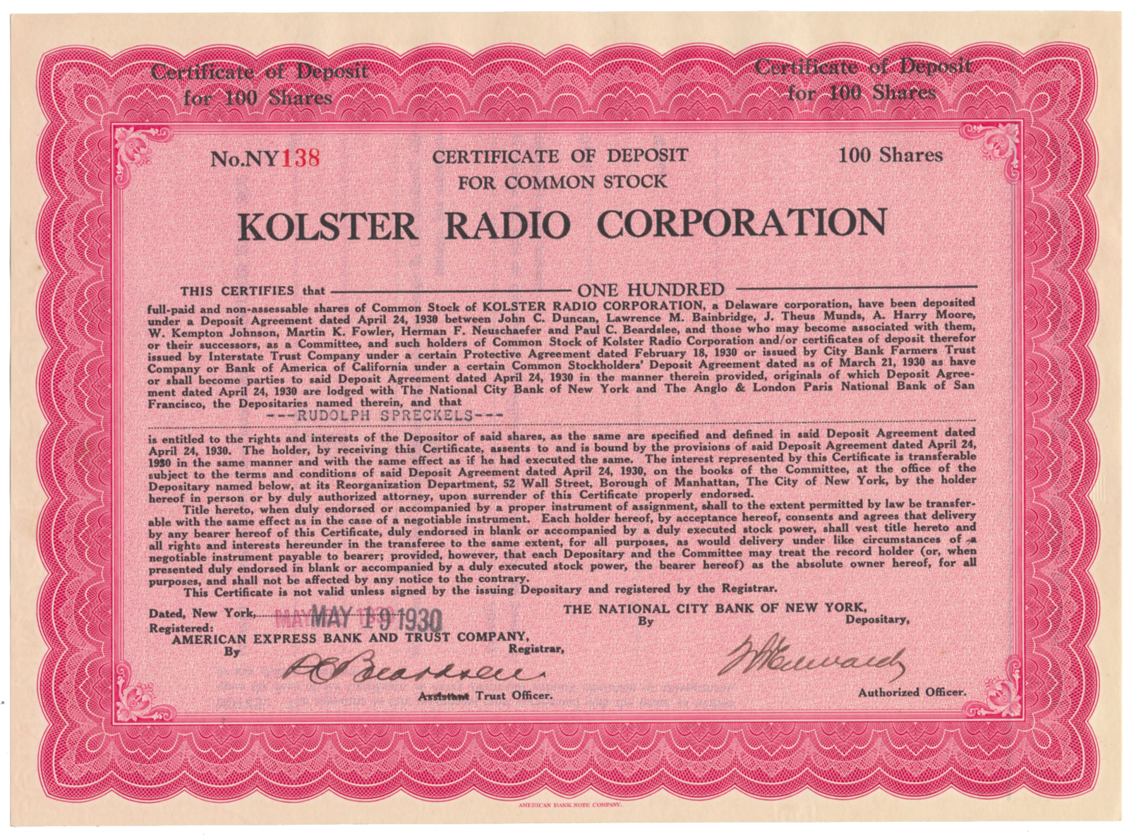 Kolster Radio Corporation Stock Certificate