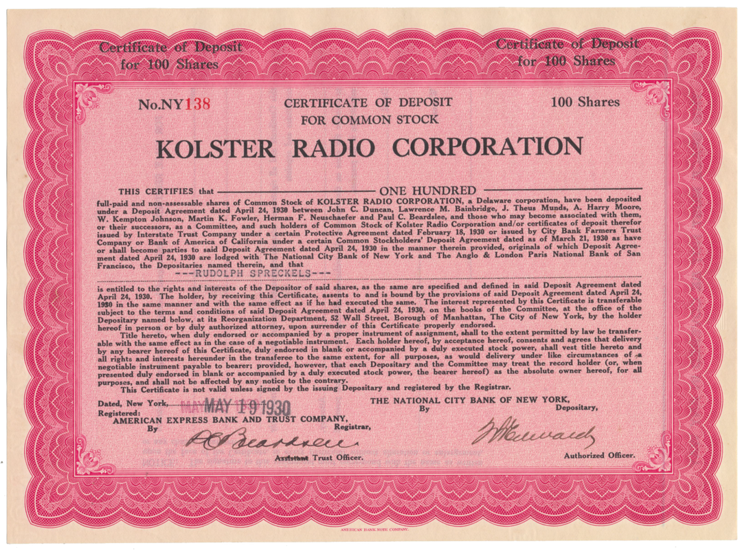 Kolster Radio Corporation Stock Certificate