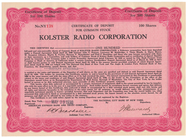 Kolster Radio Corporation Stock Certificate