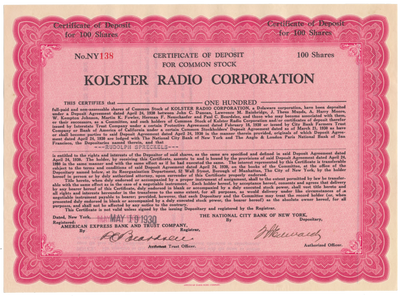 Kolster Radio Corporation Stock Certificate