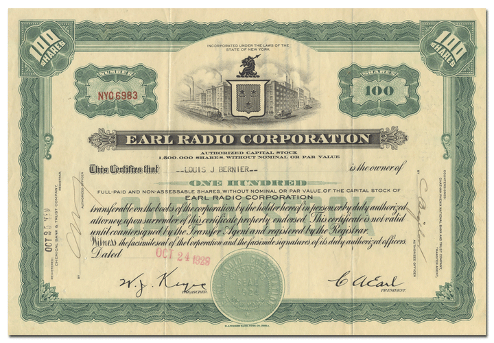 Earl Radio Corporation Stock Certificate