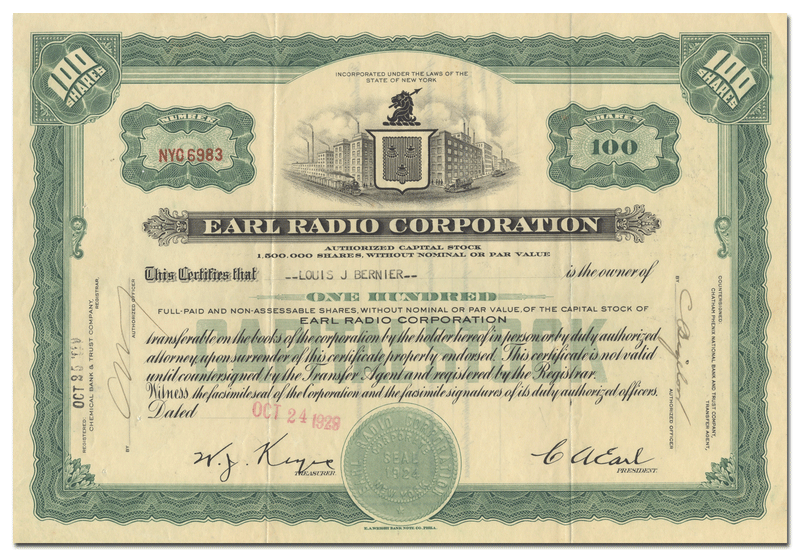 Earl Radio Corporation Stock Certificate
