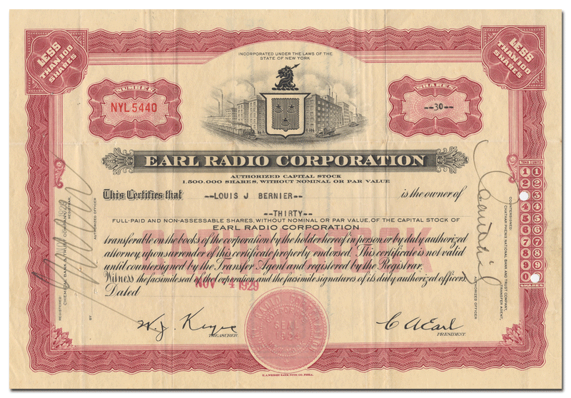 Earl Radio Corporation Stock Certificate