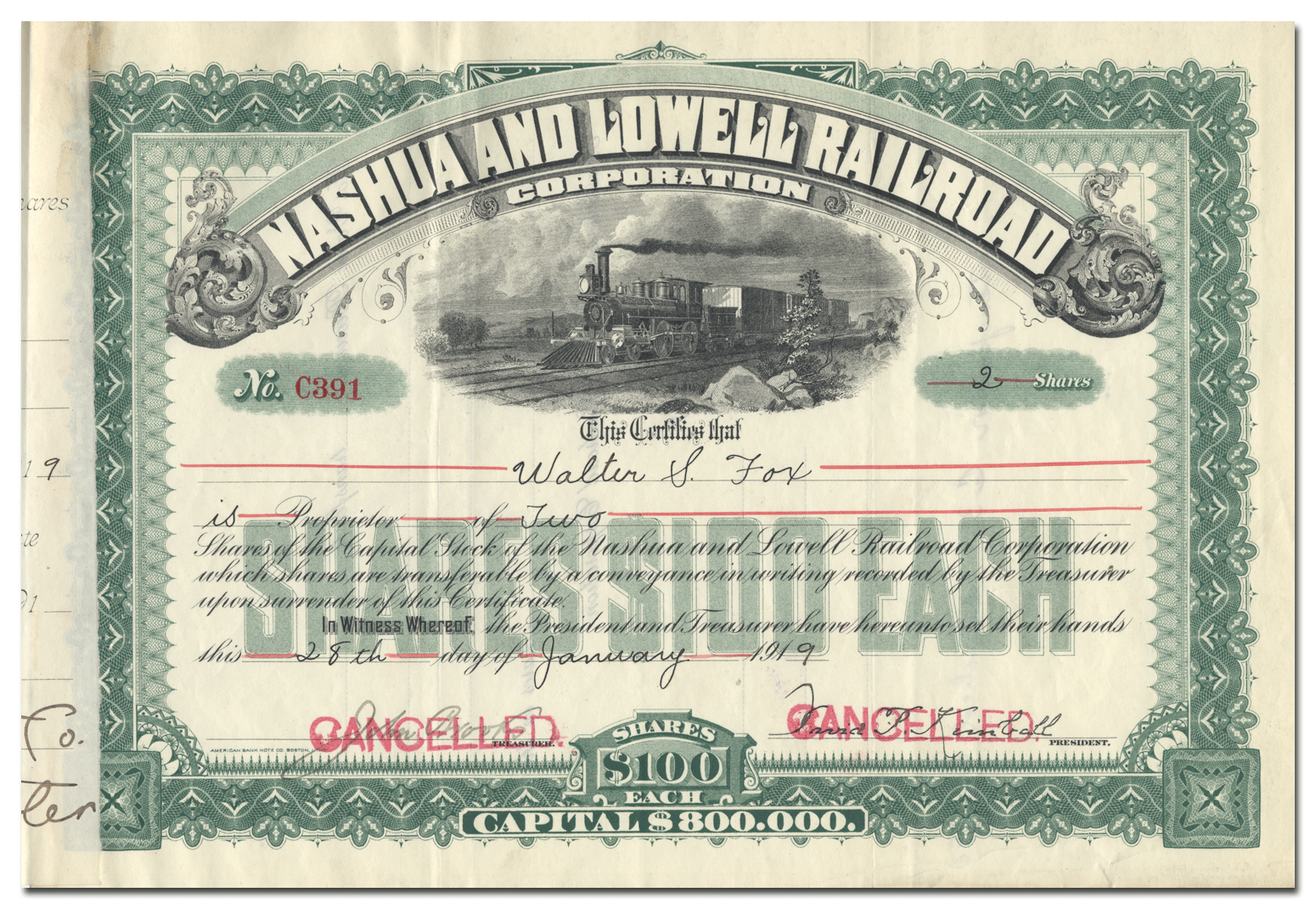 Nashua and Lowell Railroad Corporation Stock Certificate