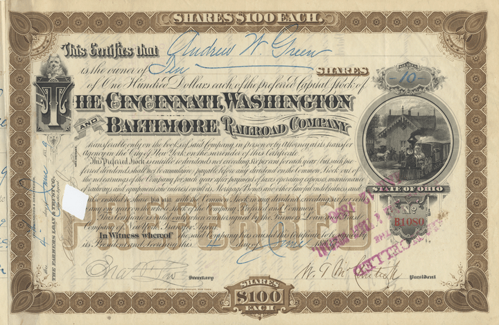 Cincinnati, Washington and Baltimore Railroad Company Stock Certificate