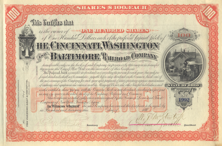 Cincinnati, Washington and Baltimore Railroad Company Stock Certificate Signed by Orland Smith