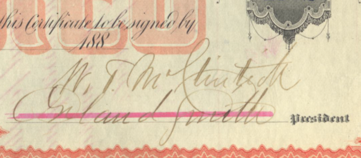 Cincinnati, Washington and Baltimore Railroad Company Stock Certificate Signed by Orland Smith