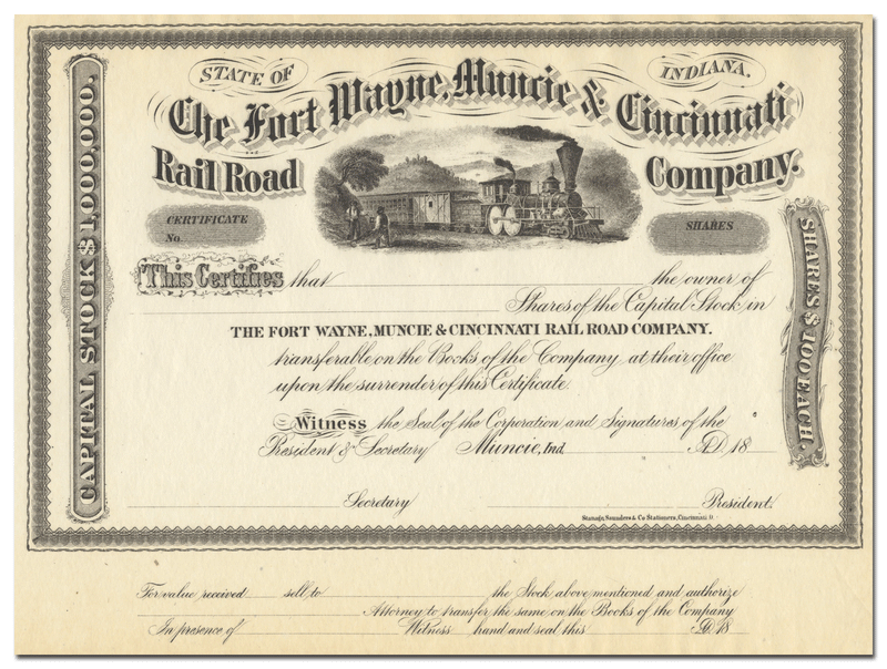 Fort Wayne, Muncie & Cincinnati Rail Road Company Stock Certificate