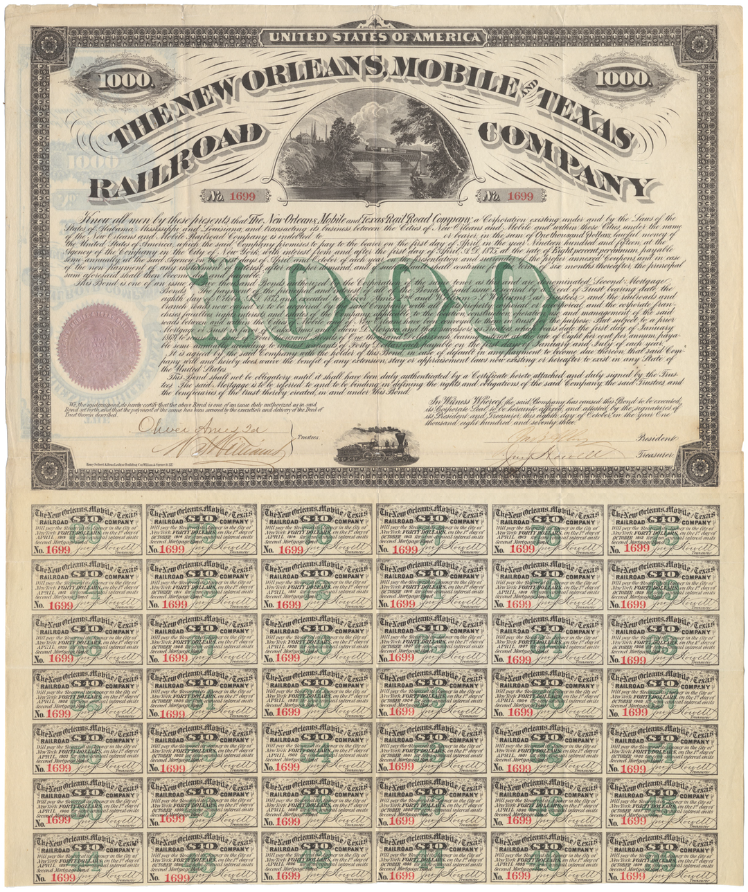 New Orleans, Mobile and Texas Railroad Company Bond Certificate Signed by Oliver Ames II