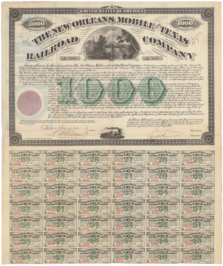 New Orleans, Mobile and Texas Railroad Company Bond Certificate Signed by Oliver Ames II