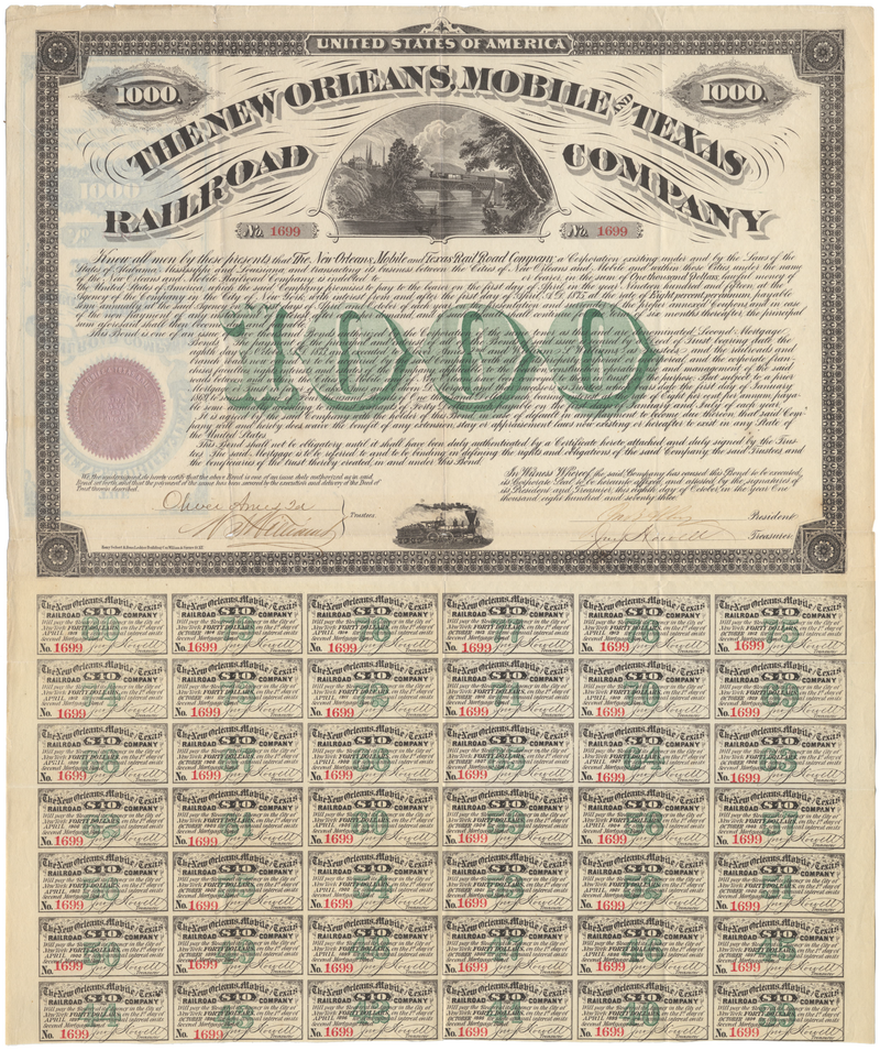 New Orleans, Mobile and Texas Railroad Company Bond Certificate Signed by Oliver Ames II