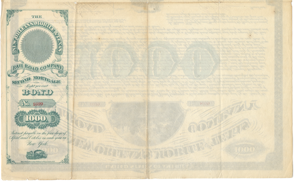 New Orleans, Mobile and Texas Railroad Company Bond Certificate Signed by Oliver Ames II