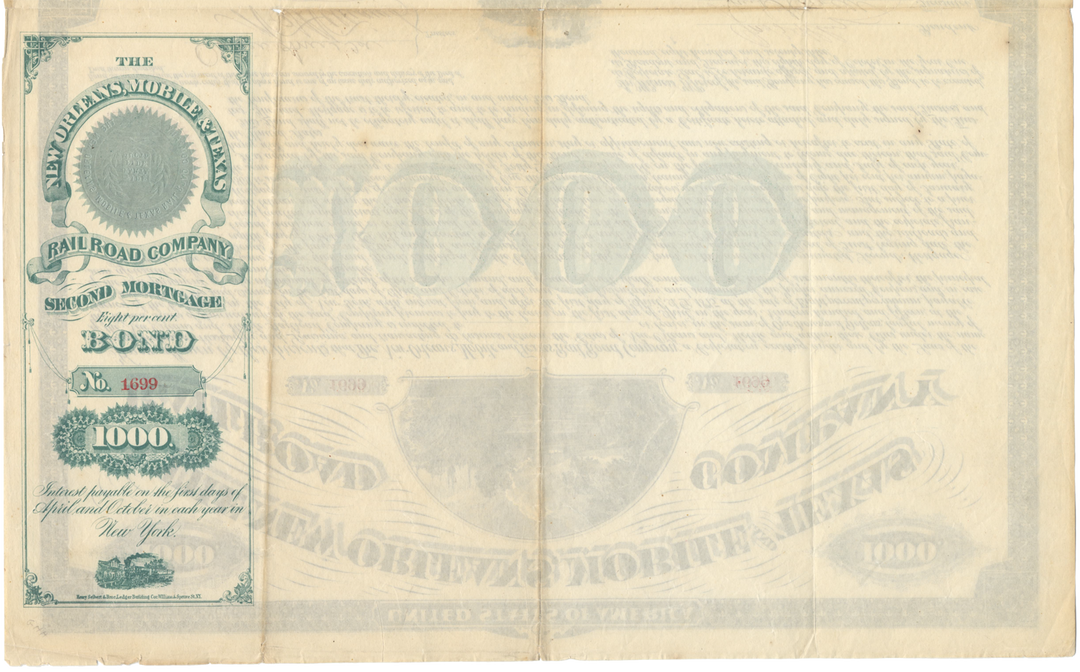 New Orleans, Mobile and Texas Railroad Company Bond Certificate Signed by Oliver Ames II