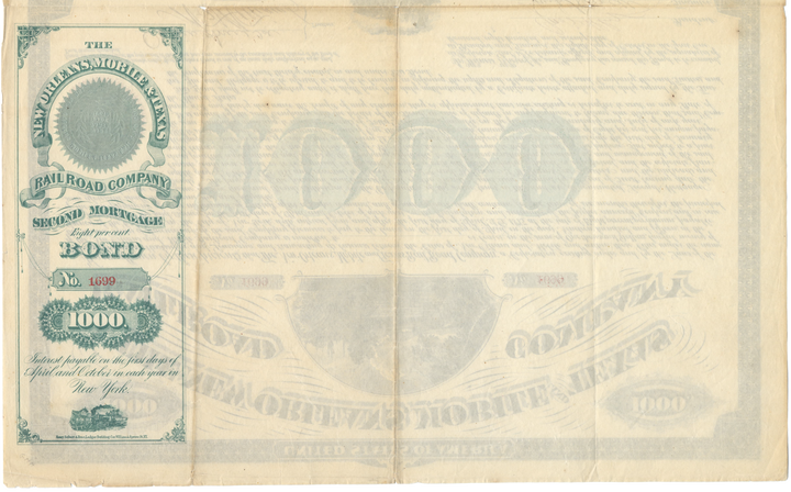 New Orleans, Mobile and Texas Railroad Company Bond Certificate Signed by Oliver Ames II