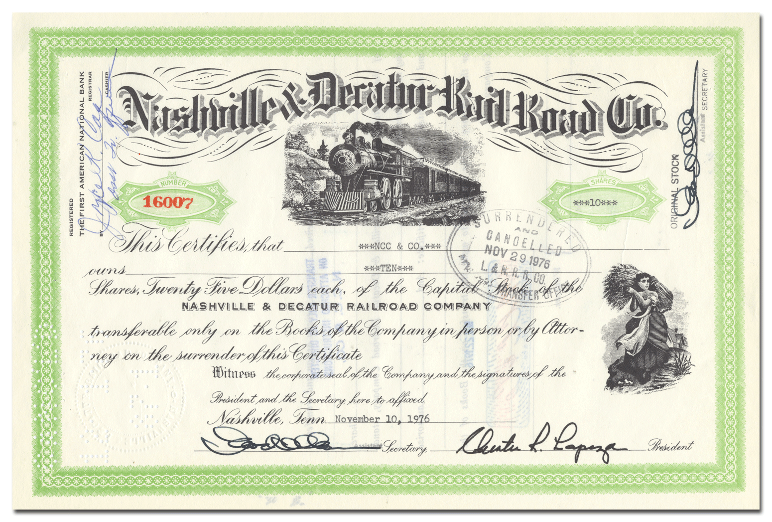 Nashville & Decatur Rail Road Company Stock Certificate