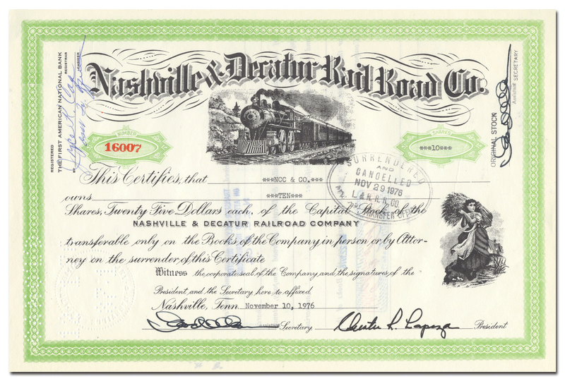 Nashville & Decatur Rail Road Company Stock Certificate