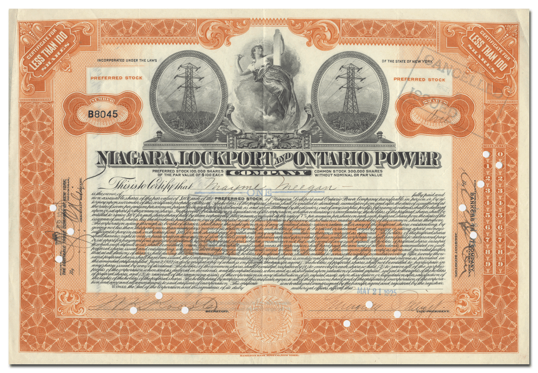 Niagara, Lockport and Ontario Power Company Stock Certificate