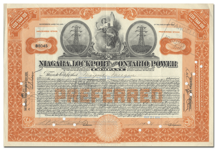 Niagara, Lockport and Ontario Power Company Stock Certificate