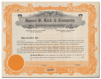 James S. Kirk & Company Stock Certificate